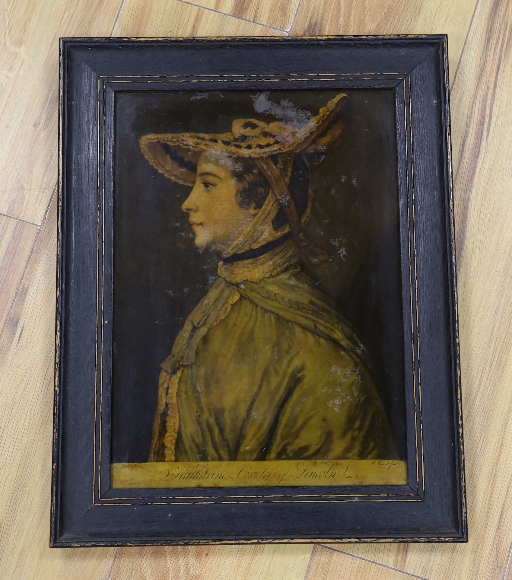 English School, 19th century, reverse glass painted print, portrait of Katherine Countess of Lincoln, 35 x 25cm